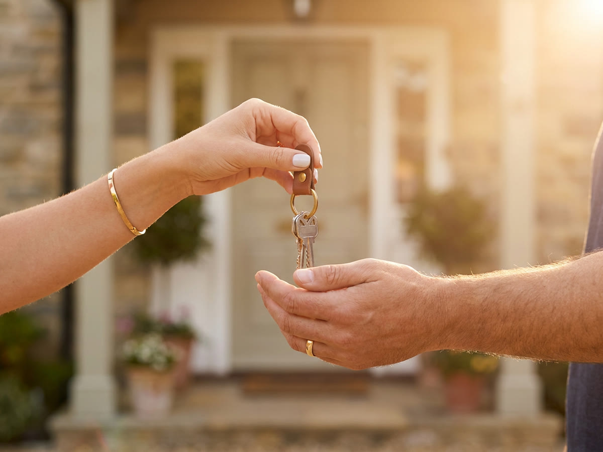 Deux mains qui échangent un trousseau de clés devant l'entrée d'une maison